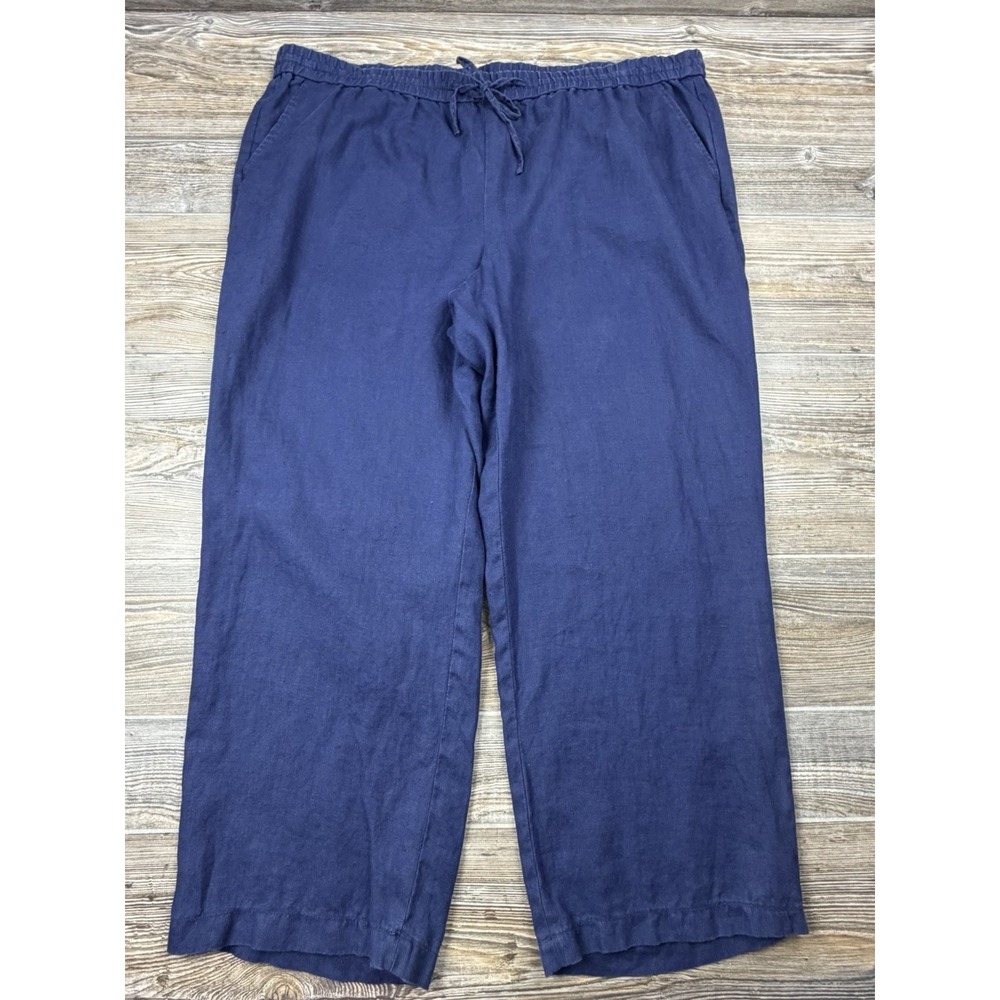 Talbots Women's Crop Linen Pants Plus Size 18W Pull-On Navy Blue Elastic Waist